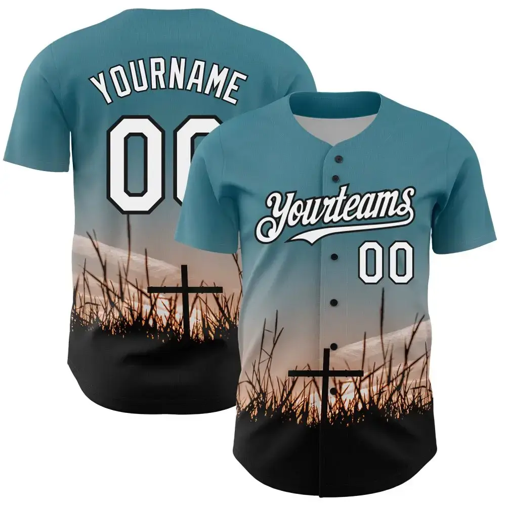 Custom Teal White-Black 3D Pattern Design Religion Cross Jesus Christ Good Friday Authentic Baseball Jersey Image