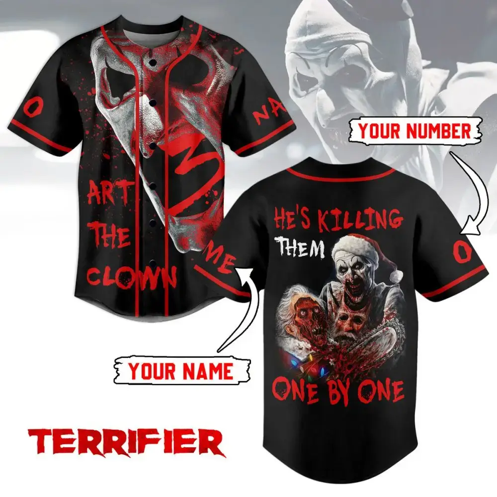 Custom Terrifier Clown Horror Baseball Jersey - Add Your Name & Number - Scary Halloween Shirt Image