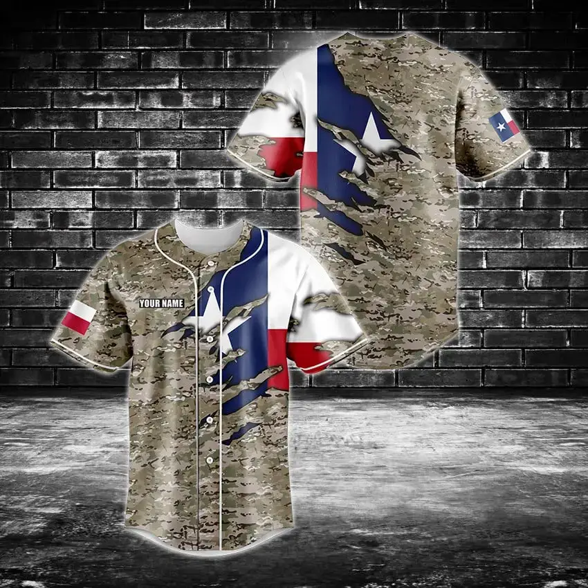 Custom Texas Camo Baseball Jersey – Personalized Name & Flag Design Image
