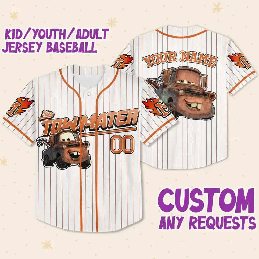 Custom Tow Mater Baseball Jersey For Kids/Adults - Personalized Name & Number Image