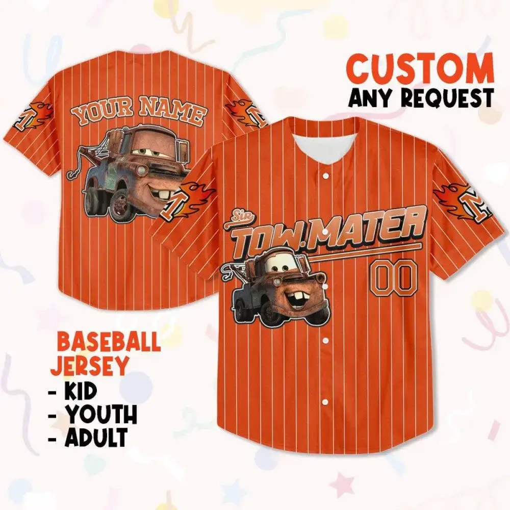 Custom Tow Mater Baseball Jersey - Kids, Youth & Adult Sizes - Personalize With Your Name! Image