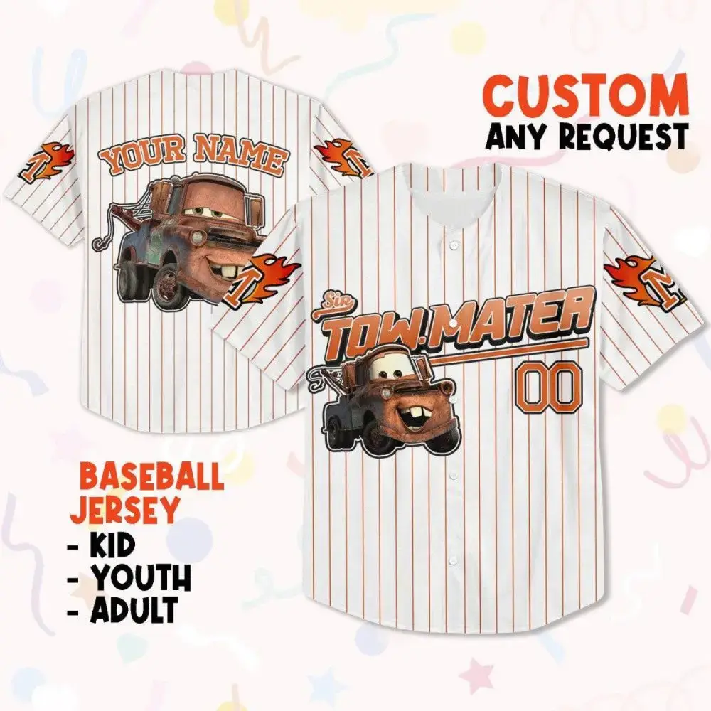 Custom Tow Mater Baseball Jersey - Personalized Kids, Youth & Adult Sizes Image