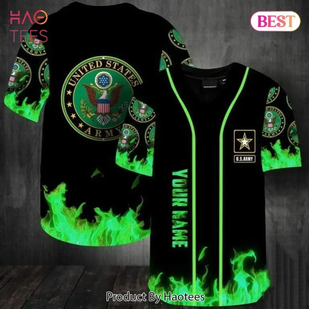 Custom U.S. Army Baseball Jersey With Green Flame Design - Personalize Your Style Today! Image