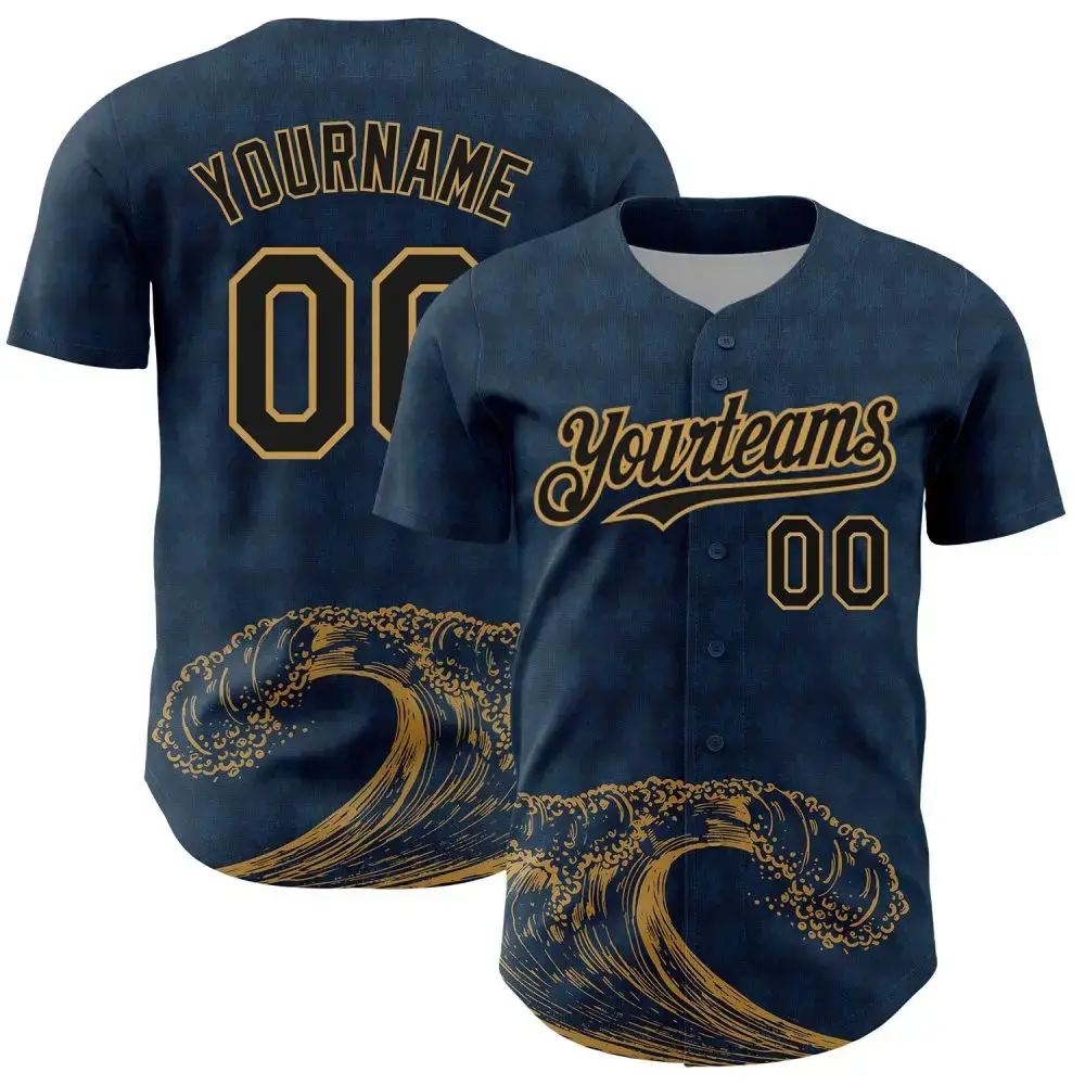 Custom Us Navy Blue Black-Old Gold 3D Pattern Design Wave Authentic Baseball Jersey Image