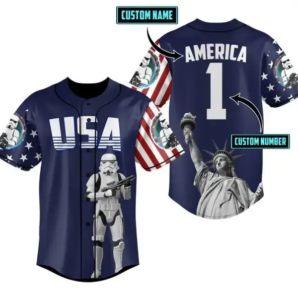 Custom Usa Baseball Jersey - Personalized Name & Number, Stormtrooper & Statue Of Liberty Design Image