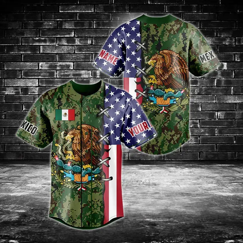 Custom Usa-Mexico Camo Baseball Jersey – Personalized Patriotic Flag Design Image