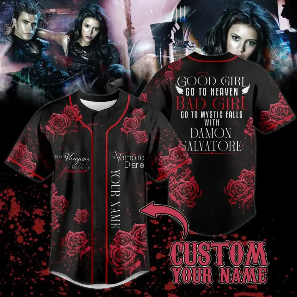 Custom Vampire Diaries Baseball Jersey - Add Your Name, Stylish Rose Design, Perfect Gift! Image