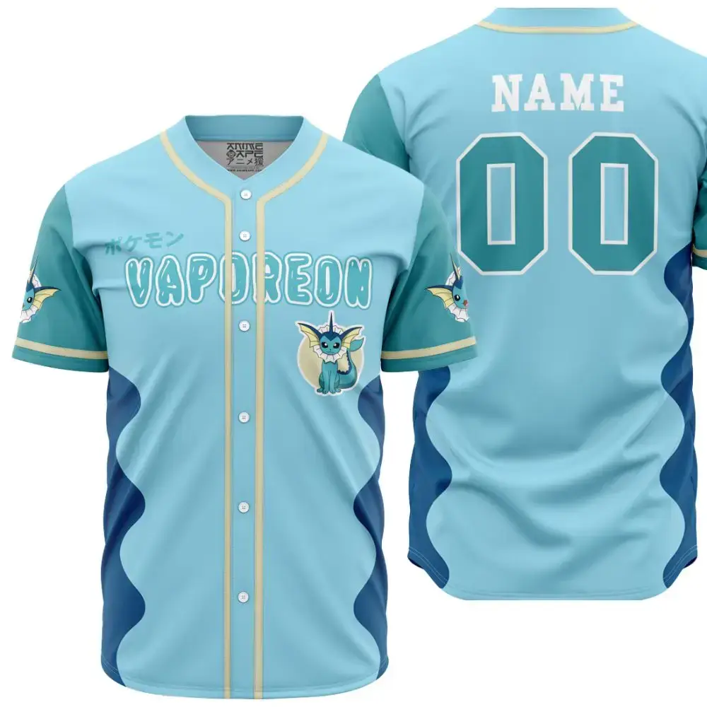 Custom Vaporeon Baseball Jersey - Personalized Name & Number - Premium Pokémon Apparel Image