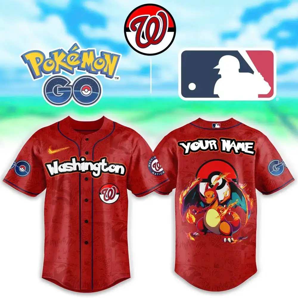 Custom Washington Baseball Jersey - Pokémon Go Charizard Design - Personalize Your Name! Image
