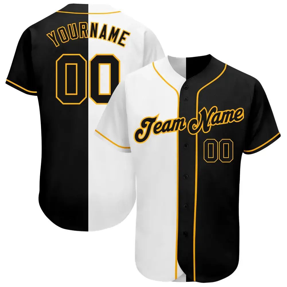 Custom White-Black Gold Authentic Split Fashion Baseball Jersey Image
