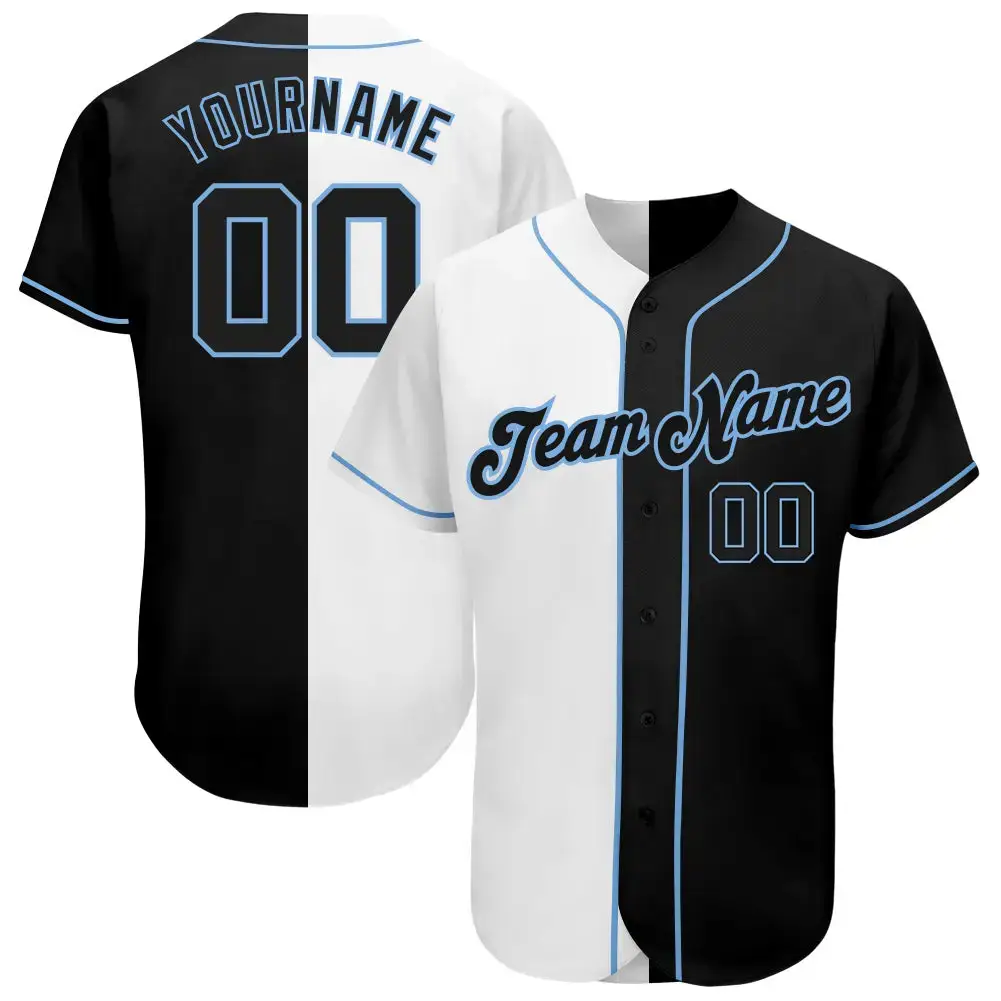 Custom White-Black Light Blue Authentic Split Fashion Baseball Jersey Image