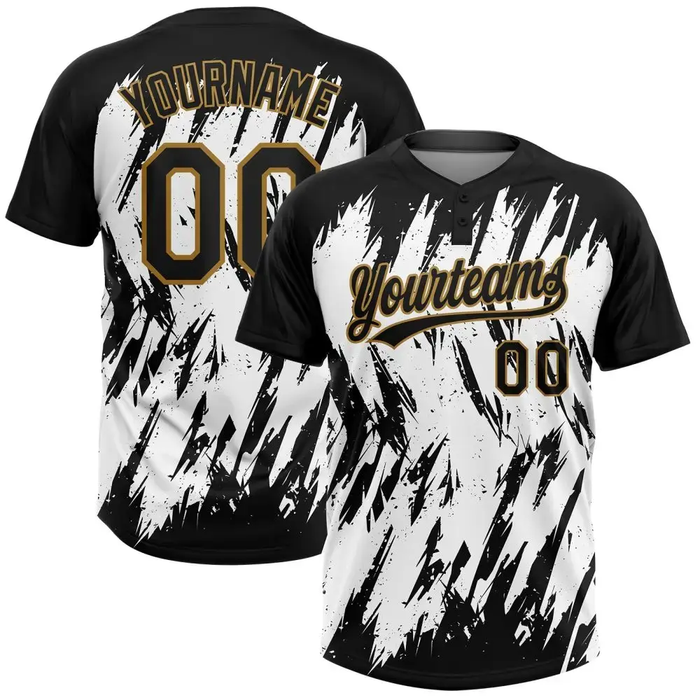 Custom White Black-Old Gold 3D Pattern Two-Button Unisex Softball Jersey Image