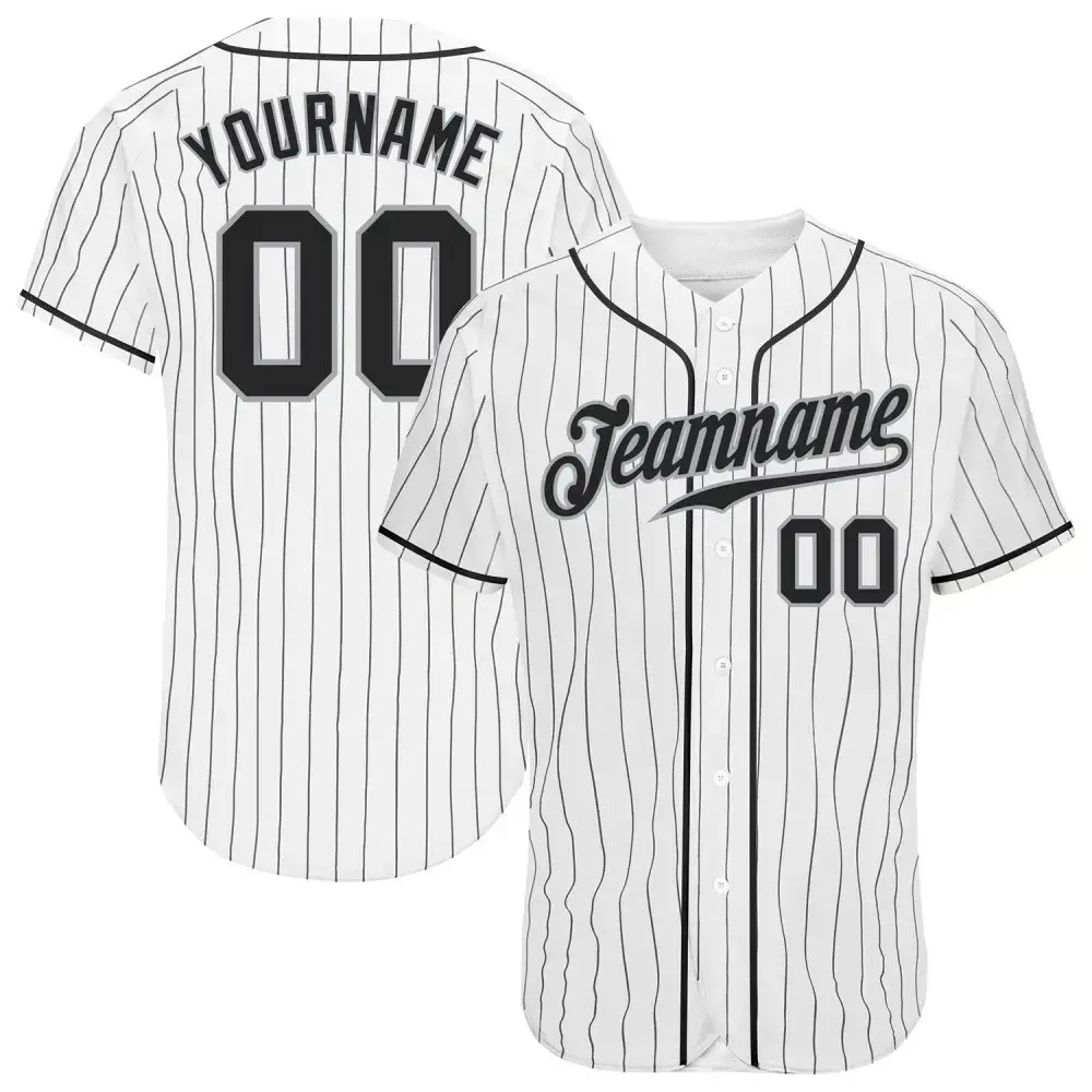 Custom White Black Pinstripe Black-Gray Authentic Baseball Jersey Image