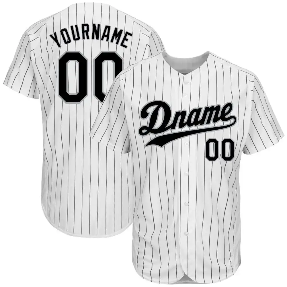 Custom White Black Pinstripe Black-Gray Authentic Baseball Jersey Image
