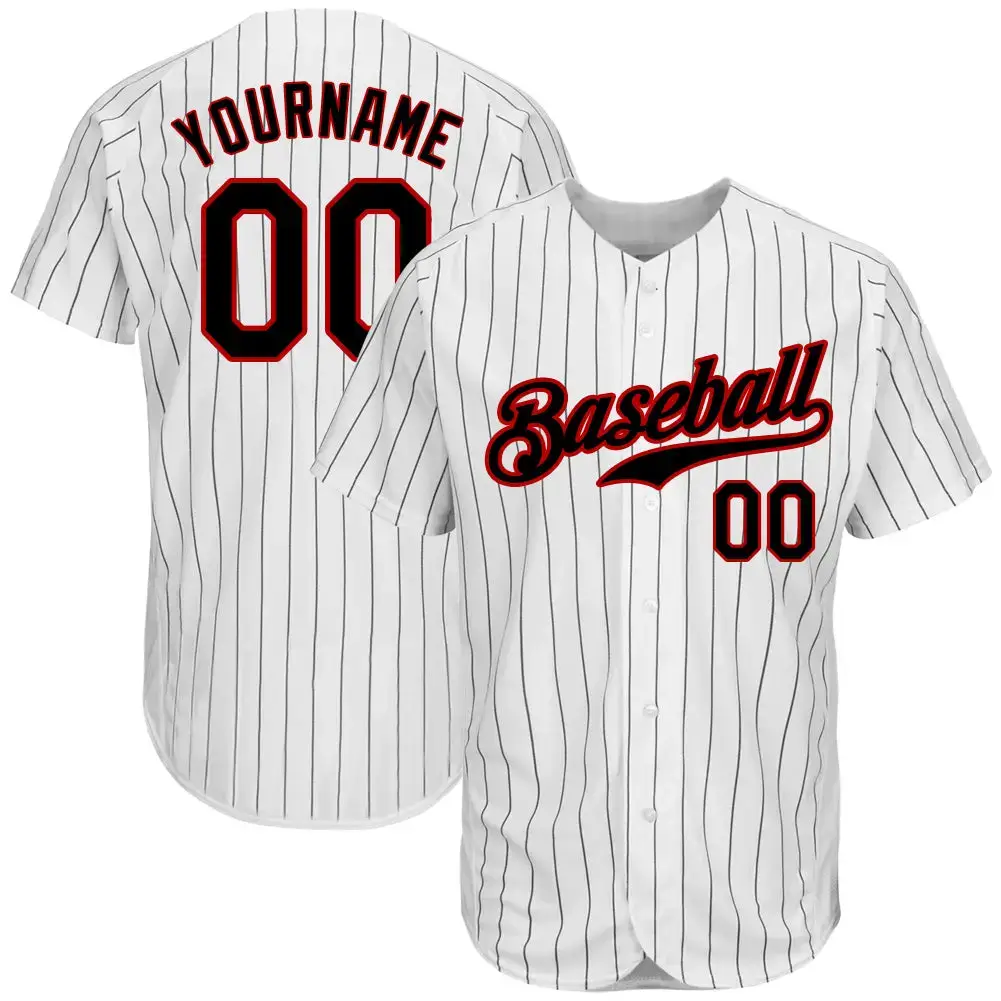 Custom White Black Pinstripe Black-Red Authentic Baseball Jersey Image