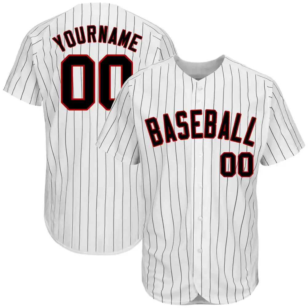 Custom White Black Pinstripe Black-Red Authentic Baseball Jersey Image