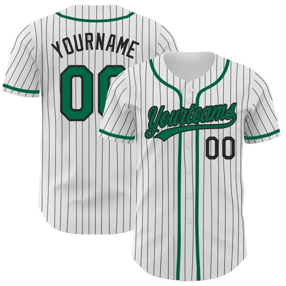 Custom White Black Pinstripe Kelly Green Authentic Baseball Jersey Image