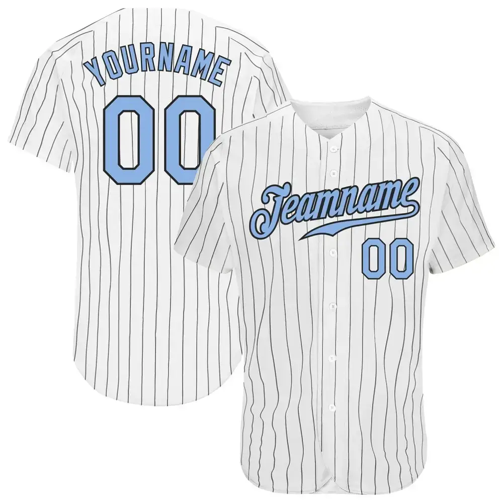 Custom White Black Pinstripe Light Blue-Black Authentic Baseball Jersey Image