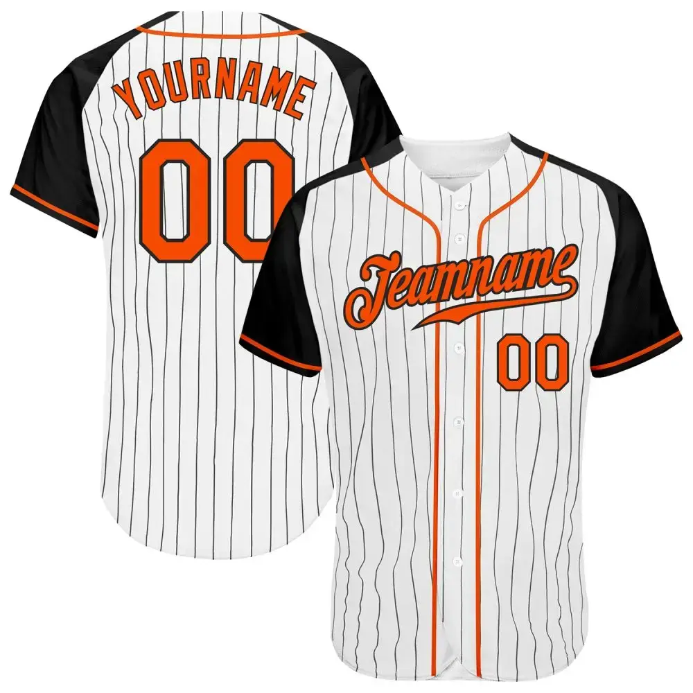 Custom White Black Pinstripe Orange-Black Authentic Raglan Sleeves Baseball Jersey Image