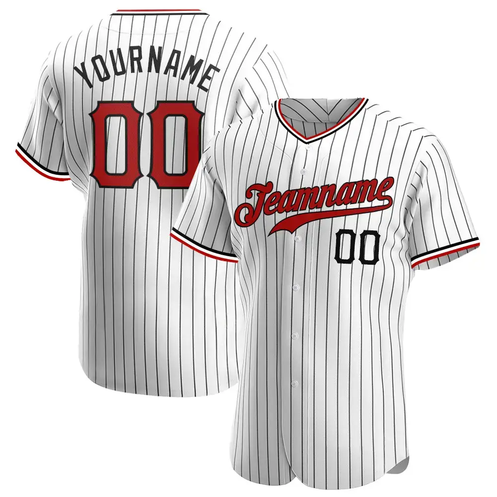 Custom White Black Pinstripe Red-Black Authentic Baseball Jersey Image