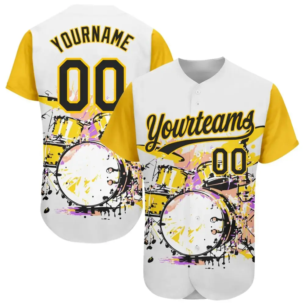 Custom White Black-Yellow 3D Pattern Design Music Festival Abstract Drum Set In Splash Authentic Baseball Jersey Image