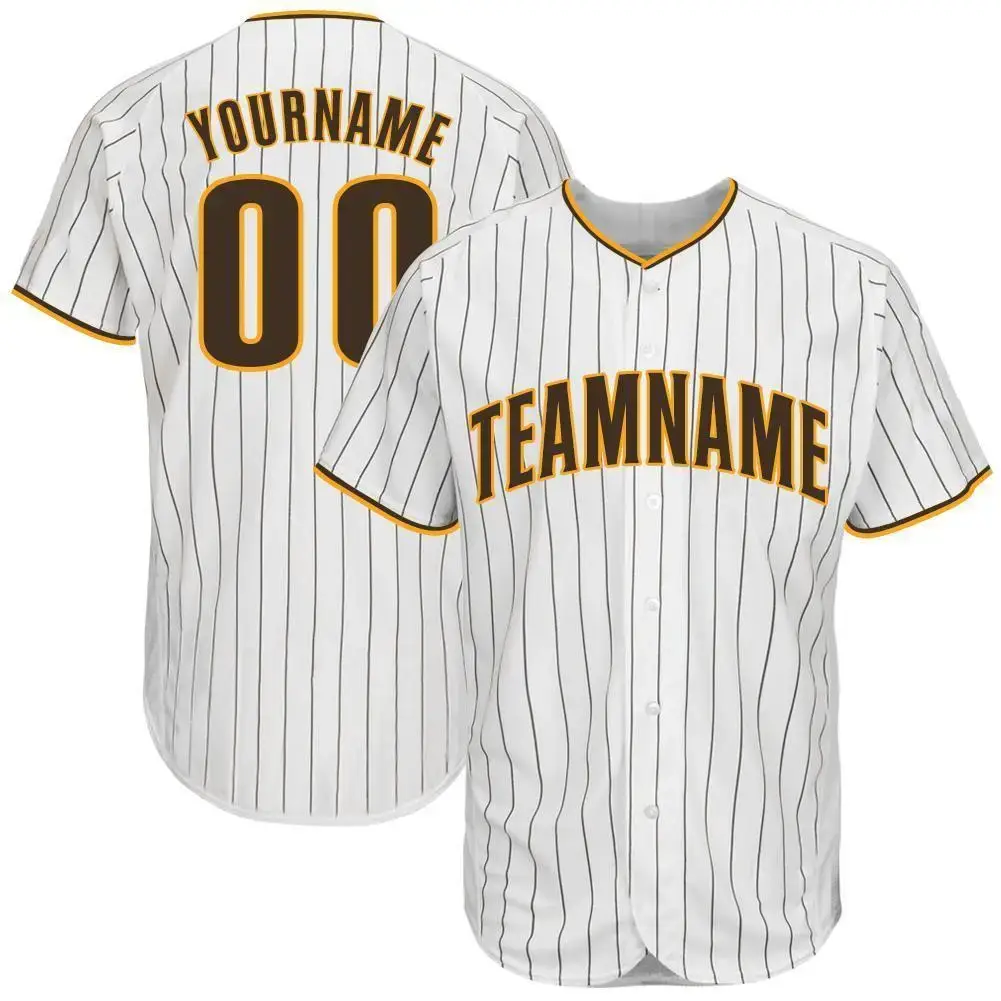 Custom White Brown Pinstripe Brown-Gold Baseball Jersey Image