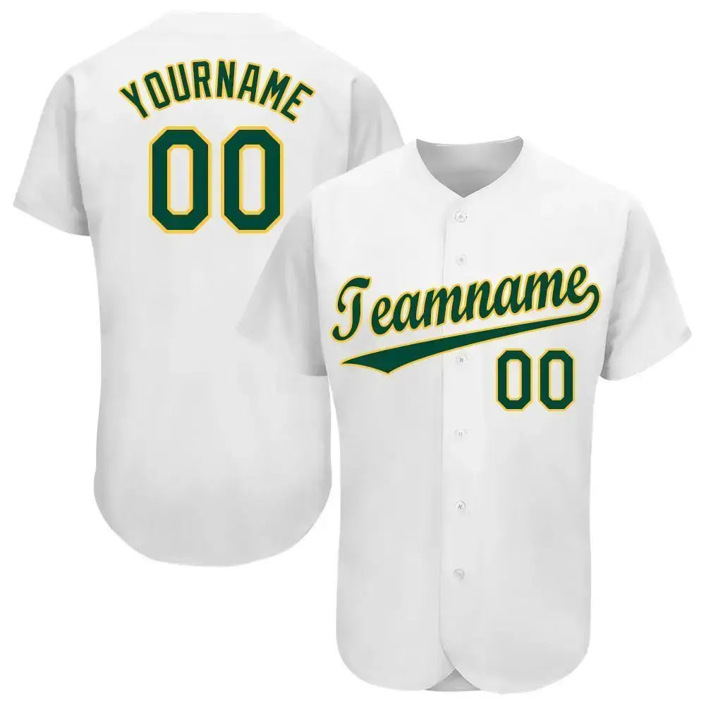 Custom White Green-Gold Baseball Jersey Image