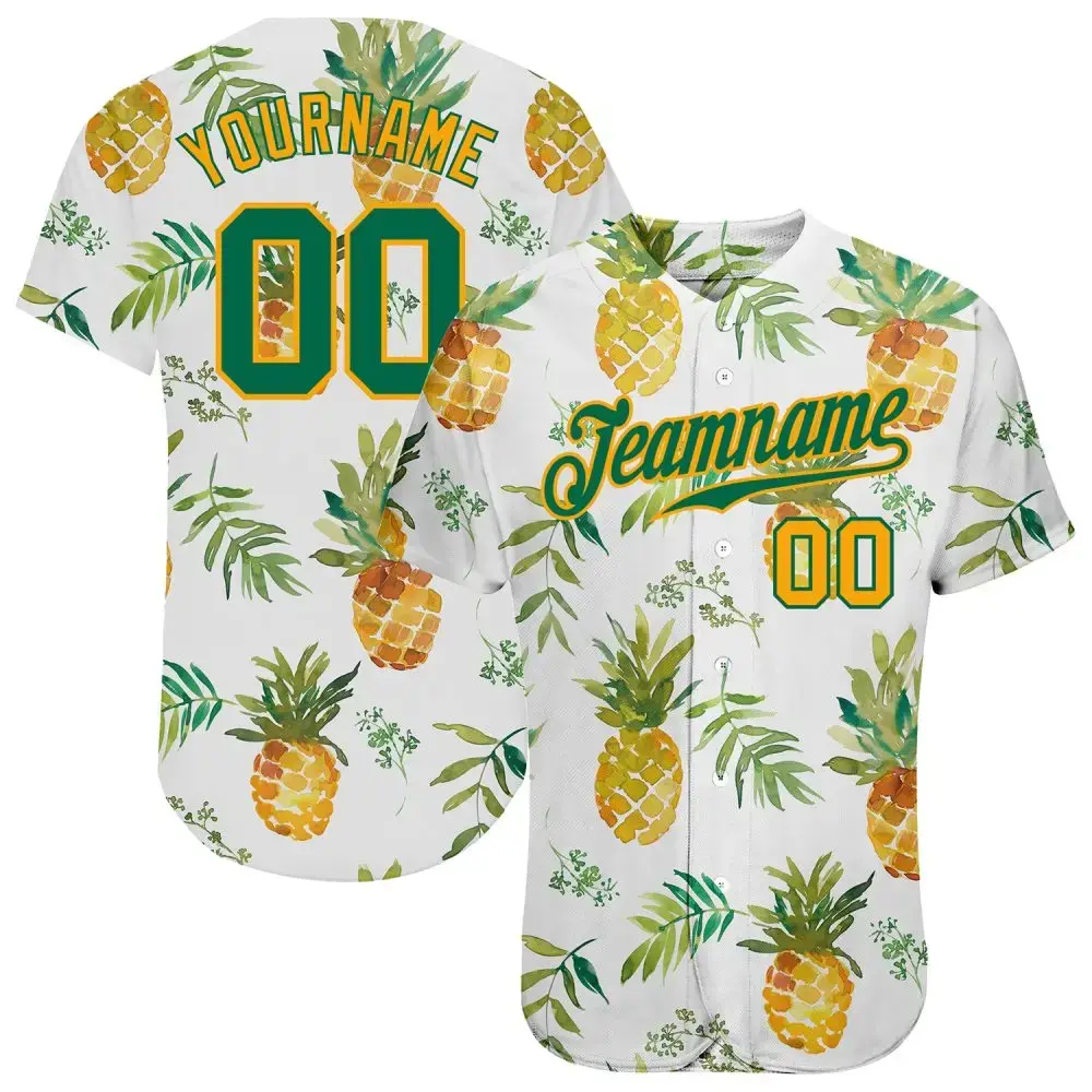 Custom White Kelly Green-Gold 3D Pattern Design Hawaii Pineapples Authentic Baseball Jersey Image