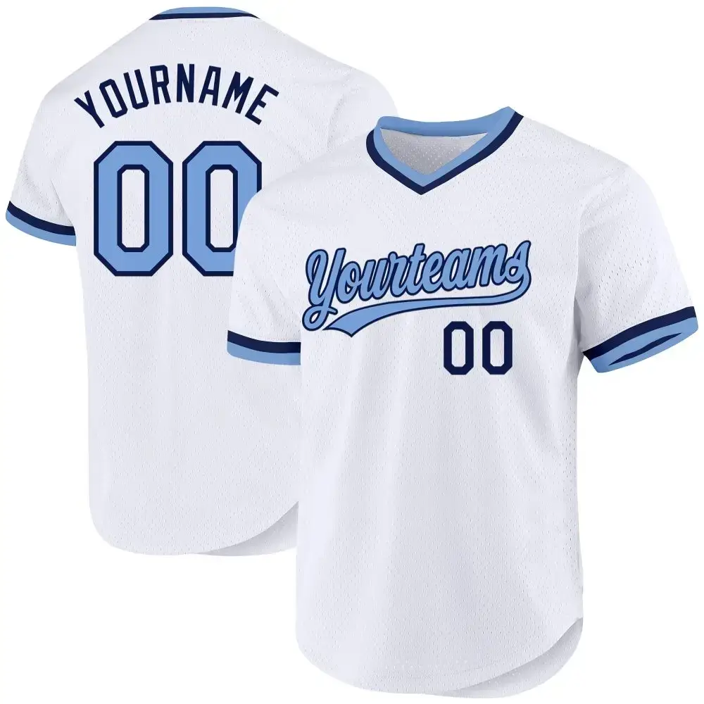 Custom White Light Blue-Navy Authentic Throwback Baseball Jersey Image