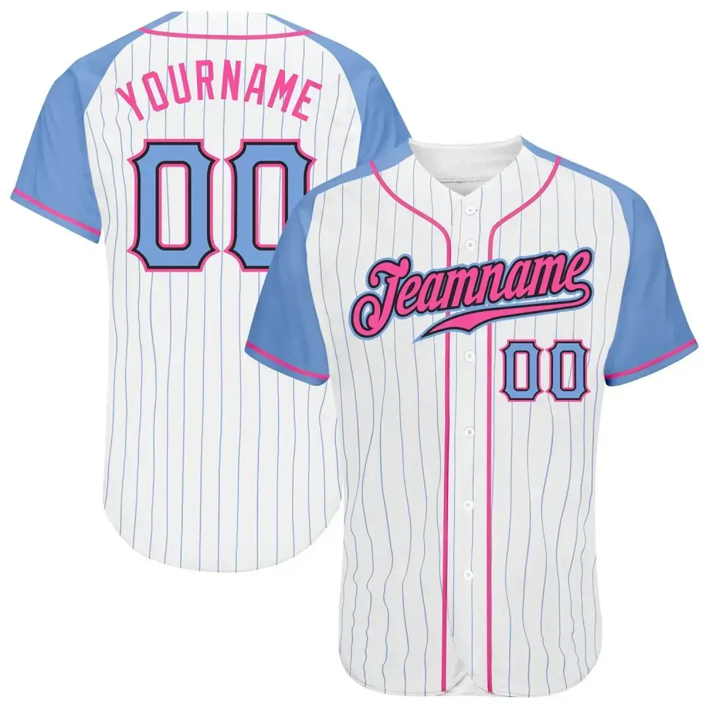 Custom White Light Blue Pinstripe Light Blue-Pink Authentic Raglan Sleeves Baseball Jersey Image