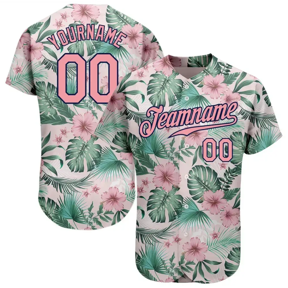 Custom White Medium Pink-Navy 3D Pattern Design Hawaii Palm Leaves And Flowers Authentic Baseball Jersey Image