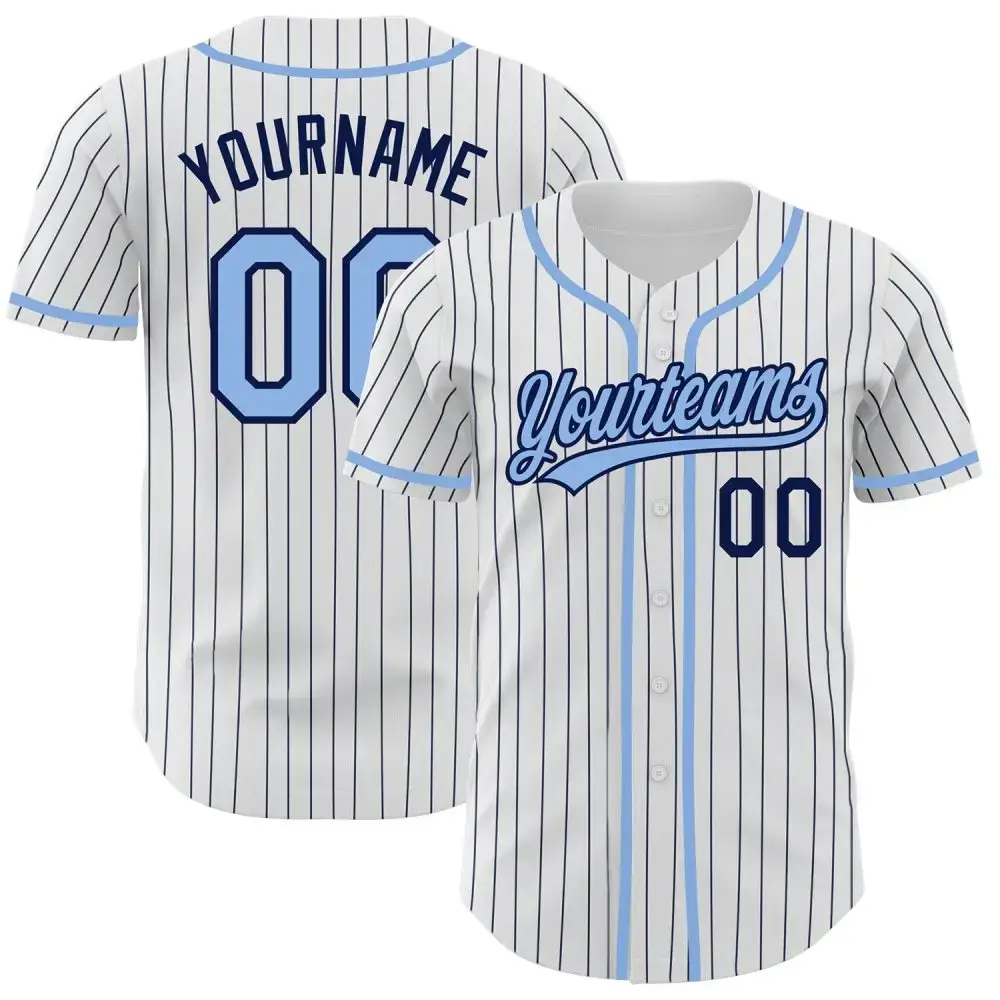 Custom White Navy Pinstripe Light Blue Authentic Baseball Jersey Image