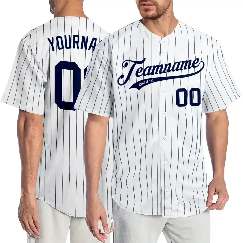 Custom White Navy Pinstripe Navy Authentic Baseball Jersey Image
