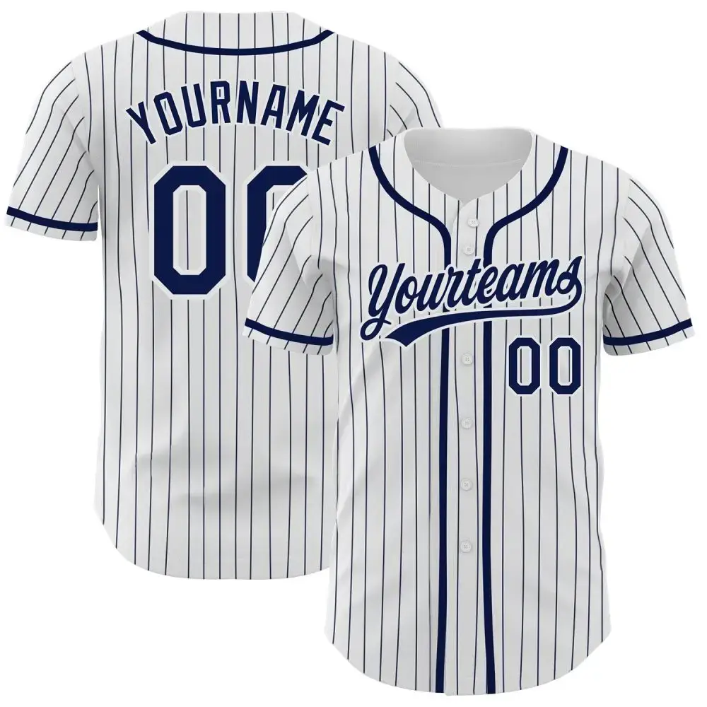 Custom White Navy Pinstripe Navy Authentic Baseball Jersey Image