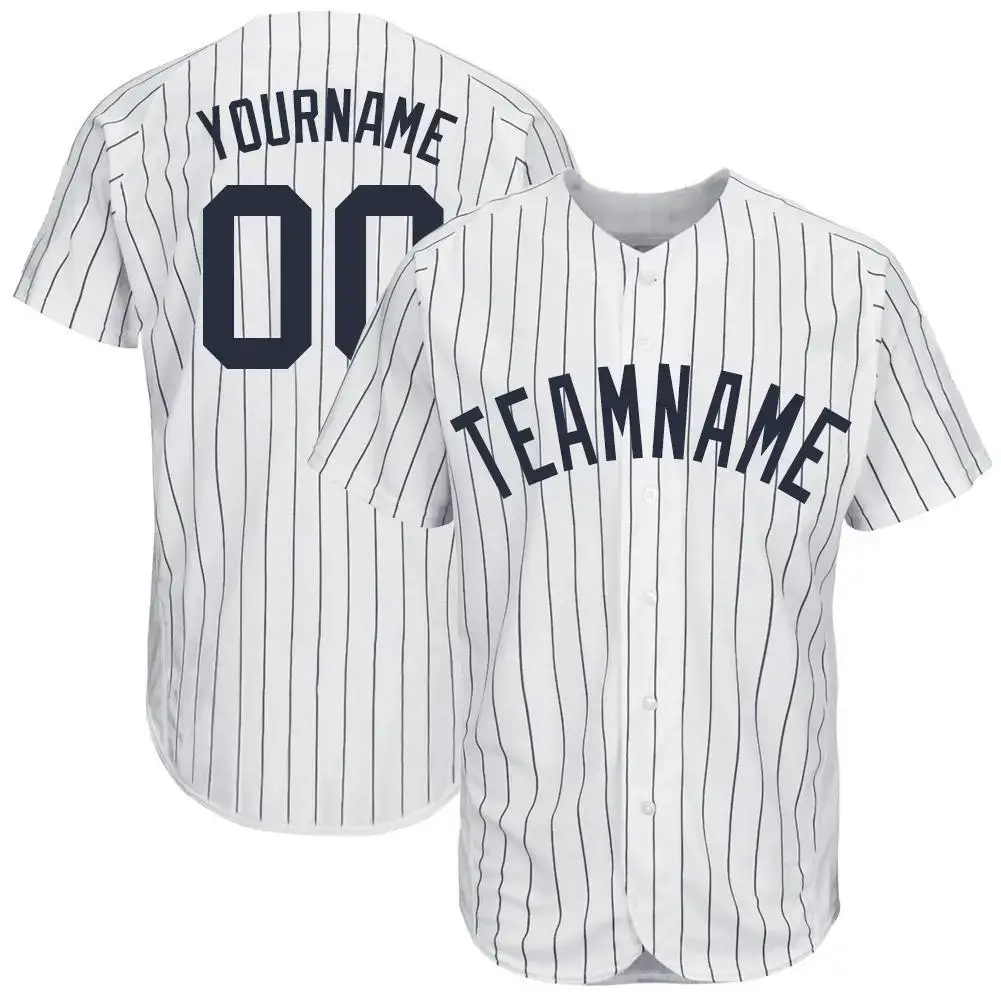 Custom White Navy Pinstripe Navy Baseball Jersey Image