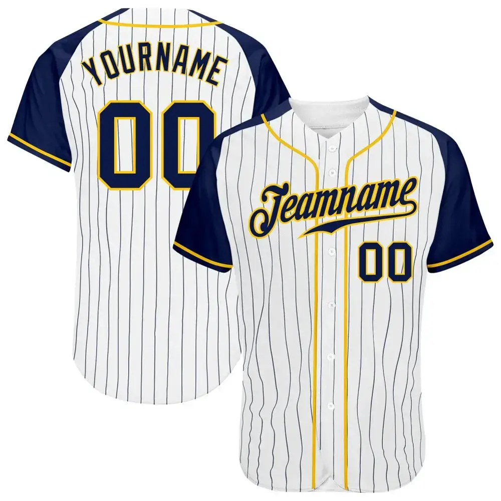 Custom White Navy Pinstripe Navy-Gold Authentic Raglan Sleeves Baseball Jersey Image