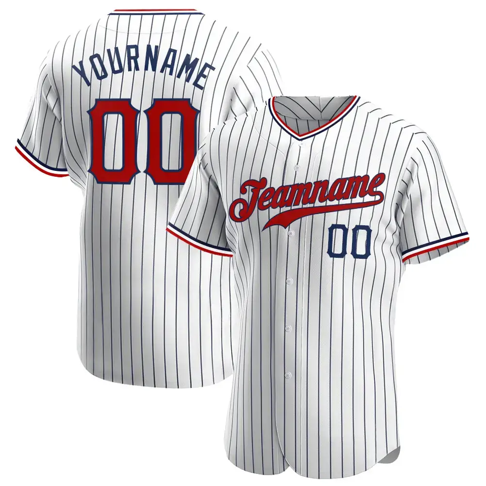 Custom White Navy Pinstripe Red-Navy Authentic Baseball Jersey Image