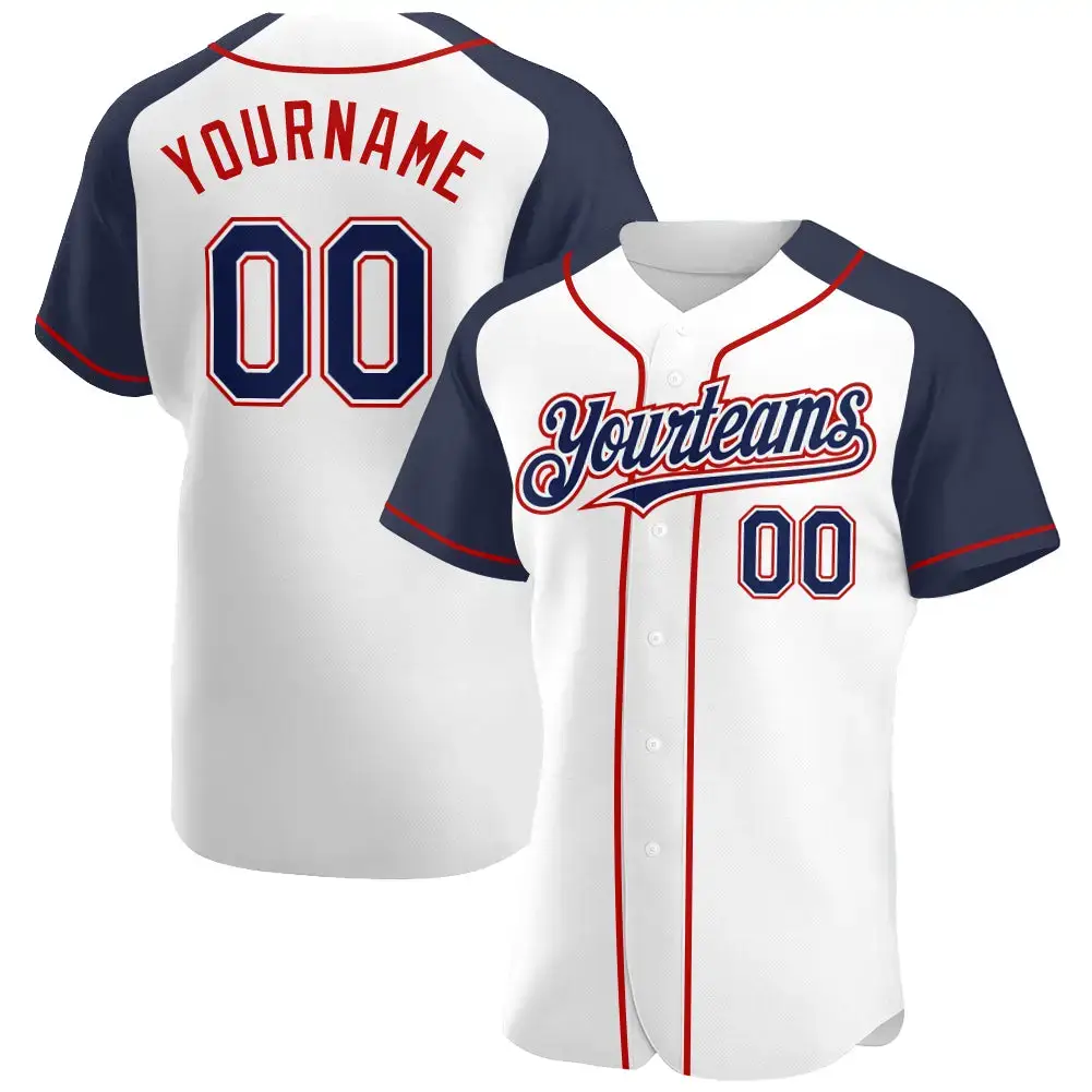 Custom White Navy-Red Authentic Raglan Sleeves Baseball Jersey Image