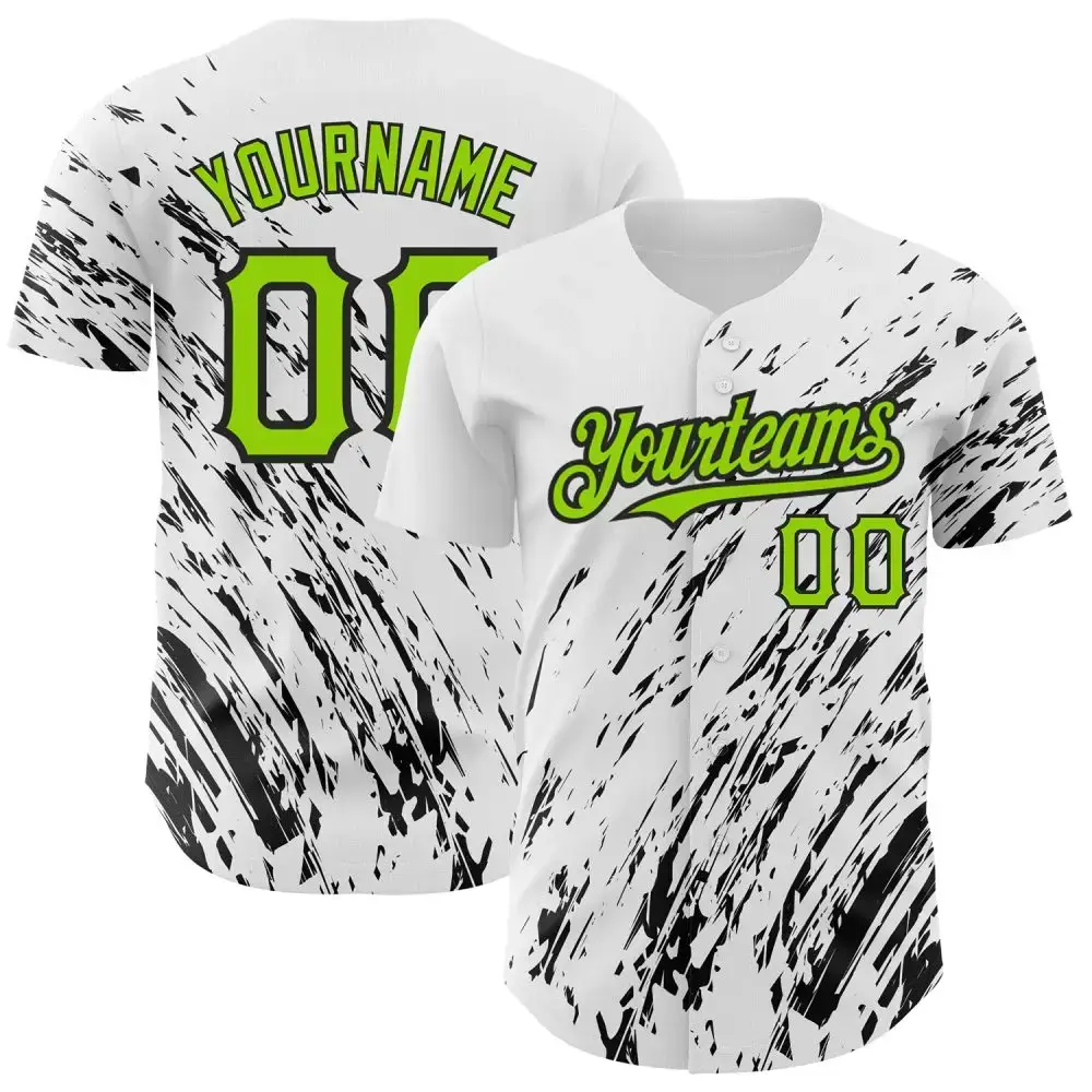 Custom White Neon Green-Black 3D Pattern Design Abstract Splash Authentic Baseball Jersey Image