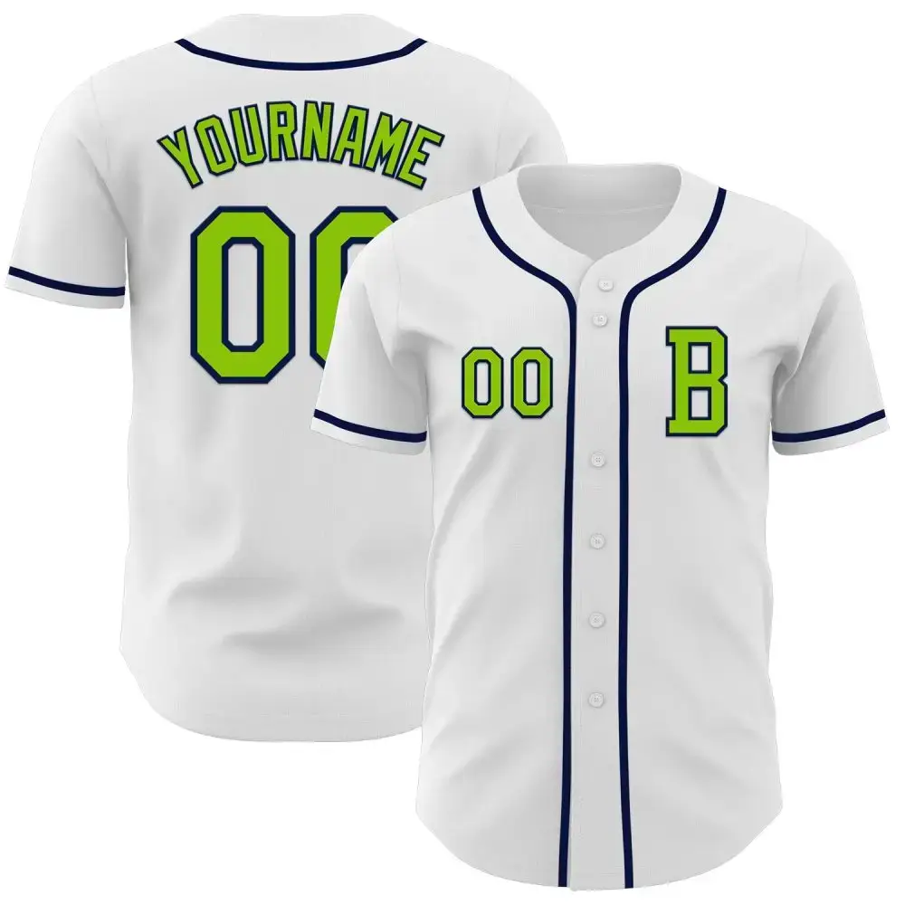 Custom White Neon Green-Navy Authentic Baseball Jersey Image