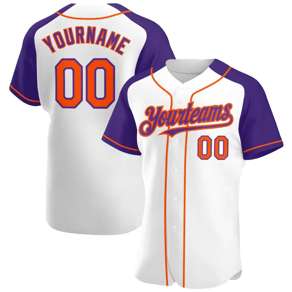 Custom White Orange-Purple Authentic Raglan Sleeves Baseball Jersey Image