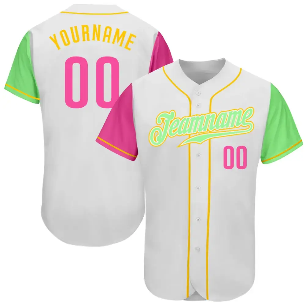 Custom White Pink Pea Green-Gold Authentic Two Tone Baseball Jersey Image
