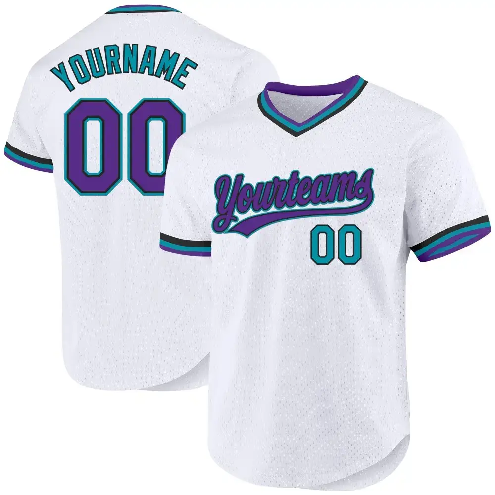 Custom White Purple Black-Teal Authentic Throwback Baseball Jersey Image