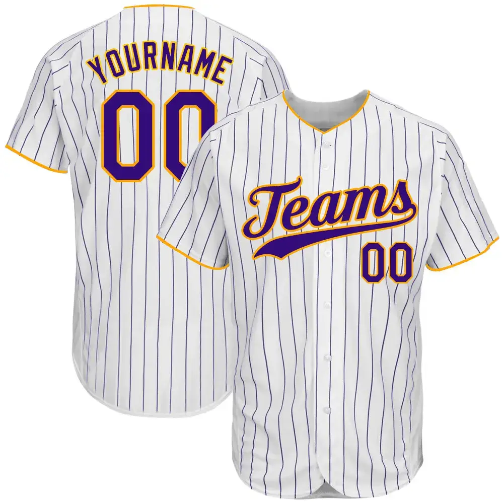 Custom White Purple Pinstripe Purple-Gold Authentic Baseball Jersey Image