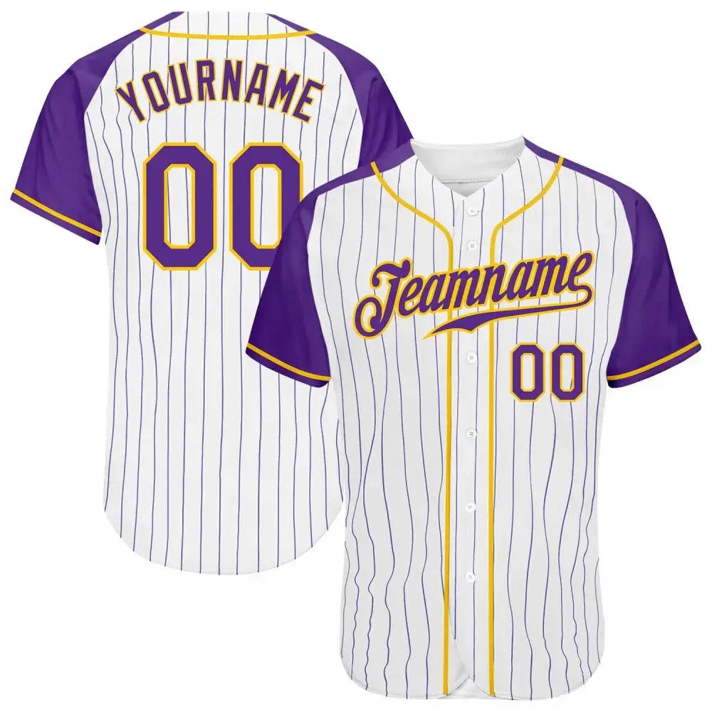 Custom White Purple Pinstripe Purple-Gold Authentic Raglan Sleeves Baseball Jersey Image