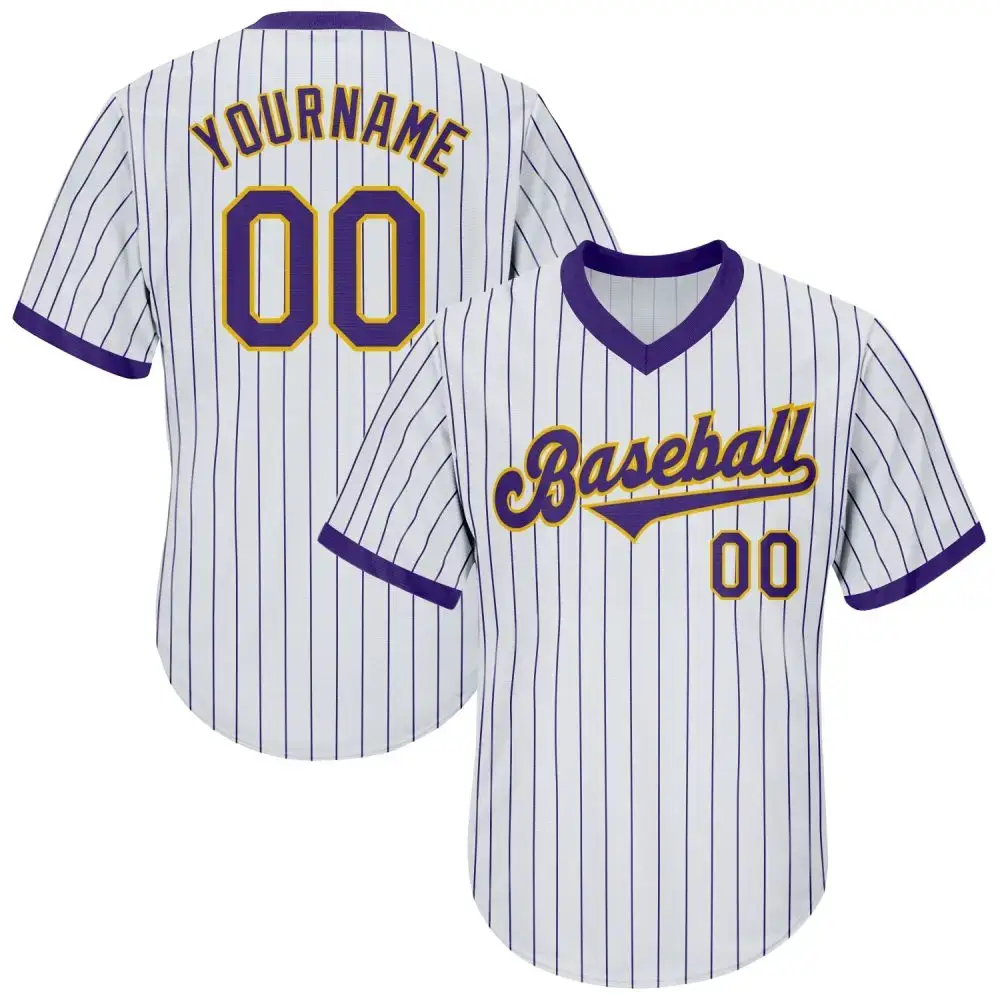 Custom White Purple Pinstripe Purple-Gold Authentic Throwback Rib-Knit Baseball Jersey Shirt Image