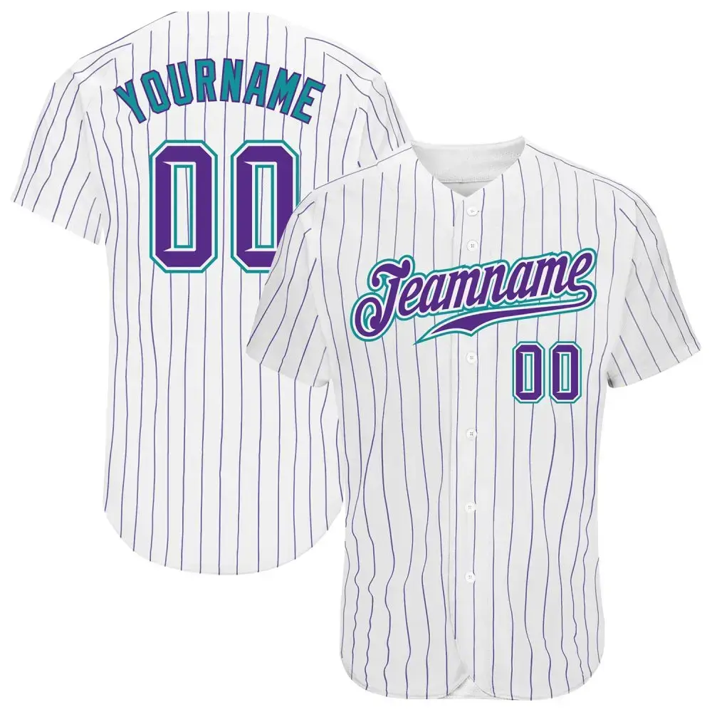 Custom White Purple Pinstripe Purple-Teal Authentic Baseball Jersey Image