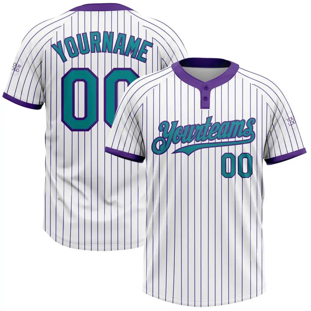 Custom White Purple Pinstripe Teal Two-Button Unisex Softball Jersey Image