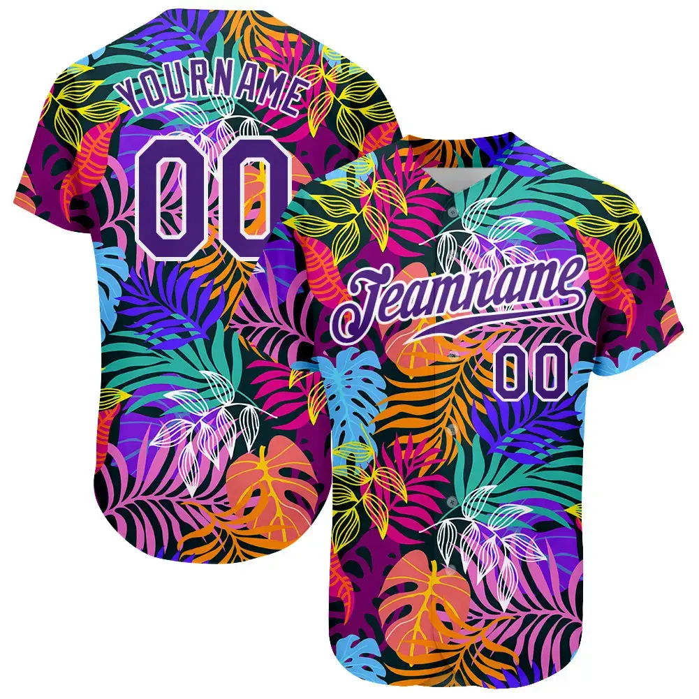 Custom White Purple-White 3D Pattern Design Hawaii Palm Trees Authentic Baseball Jersey Image