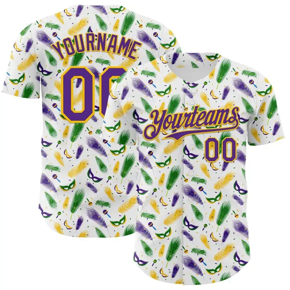 Custom White Purple-Yellow 3D Pattern Design Mardi Gras Shrove Tuesday Authentic Baseball Jersey Image